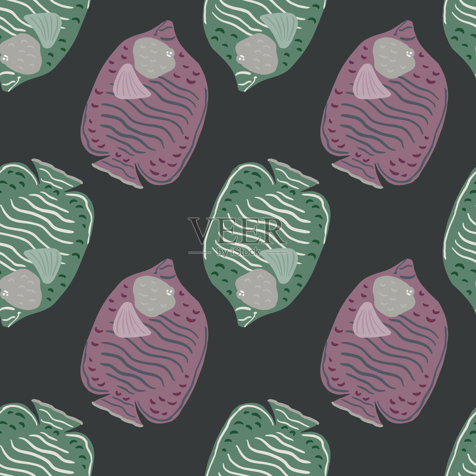 深色海洋无缝图案与海洋淡紫色和绿色蝴蝶鱼点缀。深灰色背景。插画图片素材