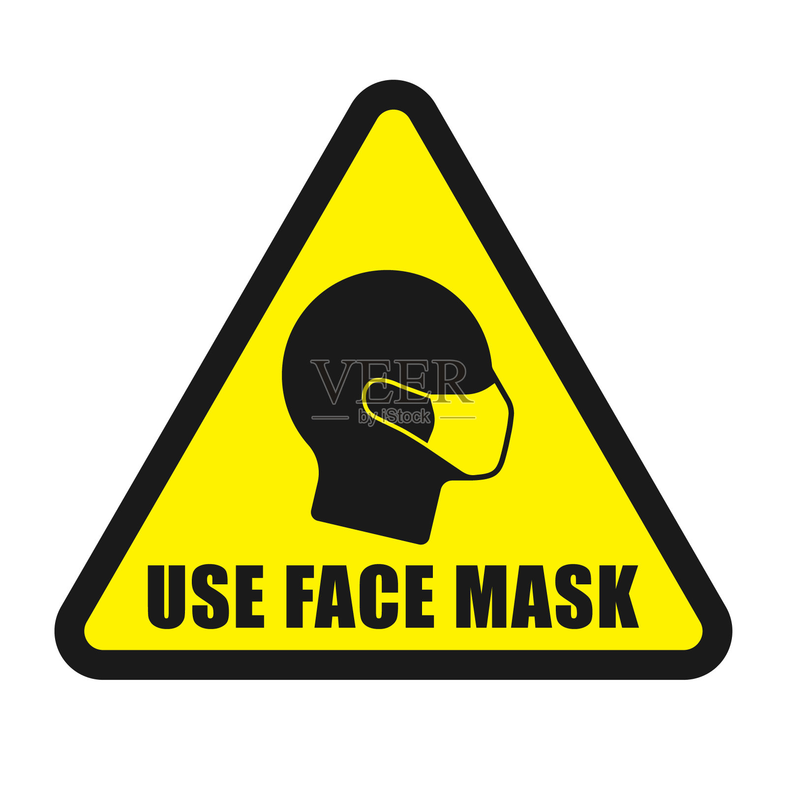 口罩警告三角形矢量标志。Covid-19社交距离和安全措施象征。冠状病毒大流行偶像。防护面罩头部剪影。设计元素图片