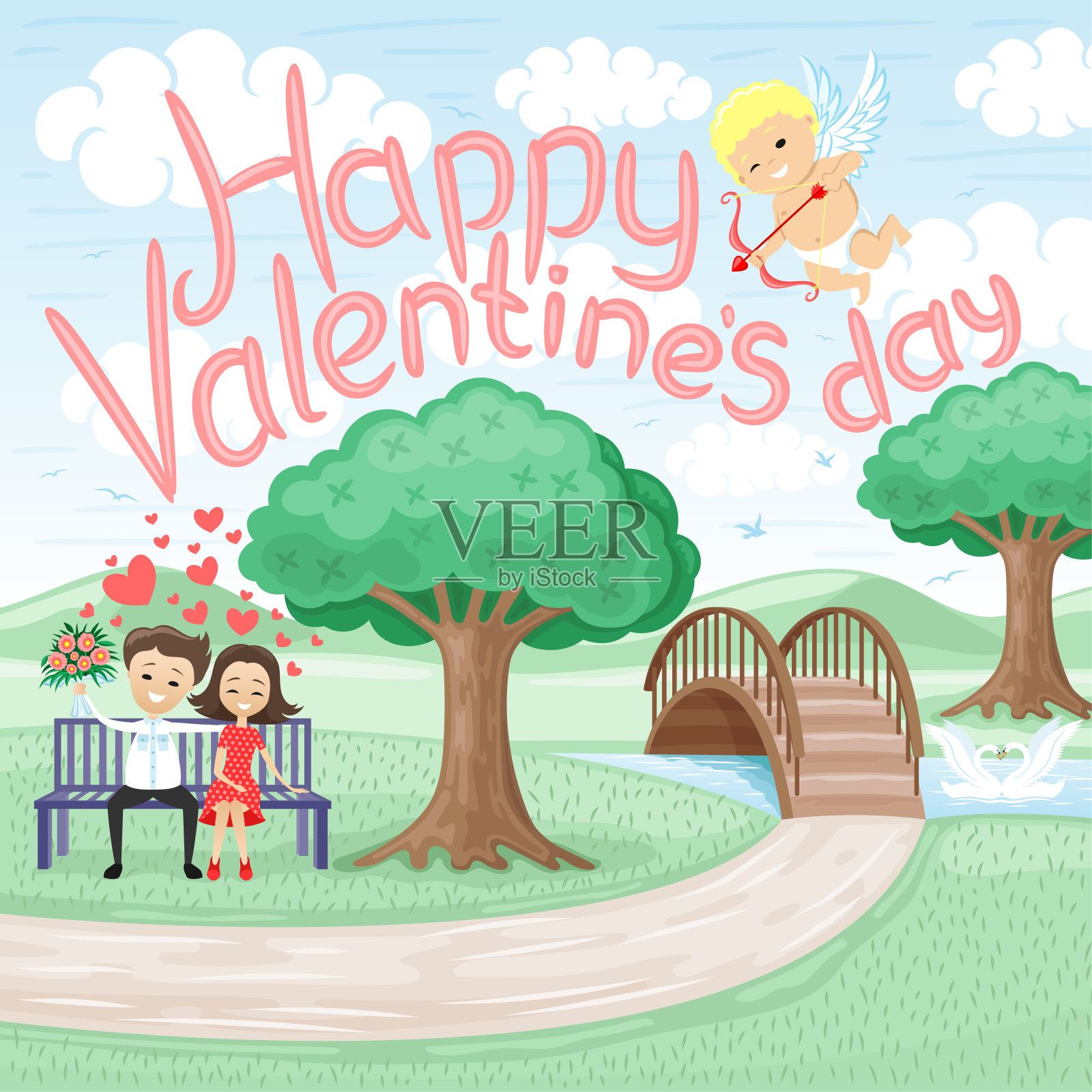 一对浪漫的情侣在公园的长椅上。插画图片素材