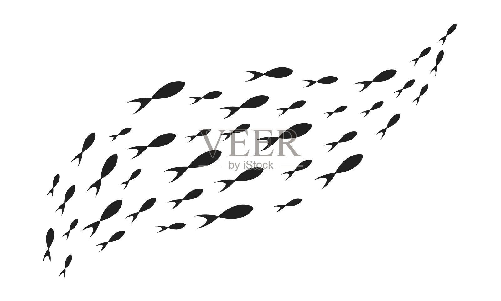 剪影鱼群与各种大小的海洋生物游泳鱼平面风格设计矢量插图。插画图片素材