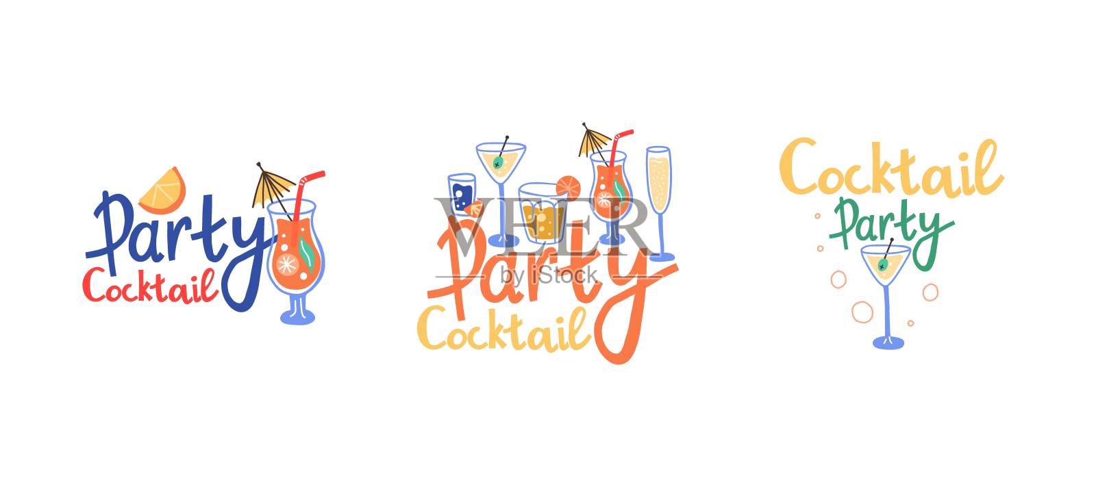 鸡尾酒会海报收藏。手绘异域冷酒精饮料用字母，极简风格酒吧饮料装饰，涂鸦时尚矢量插图孤立在白色背景上插画图片素材