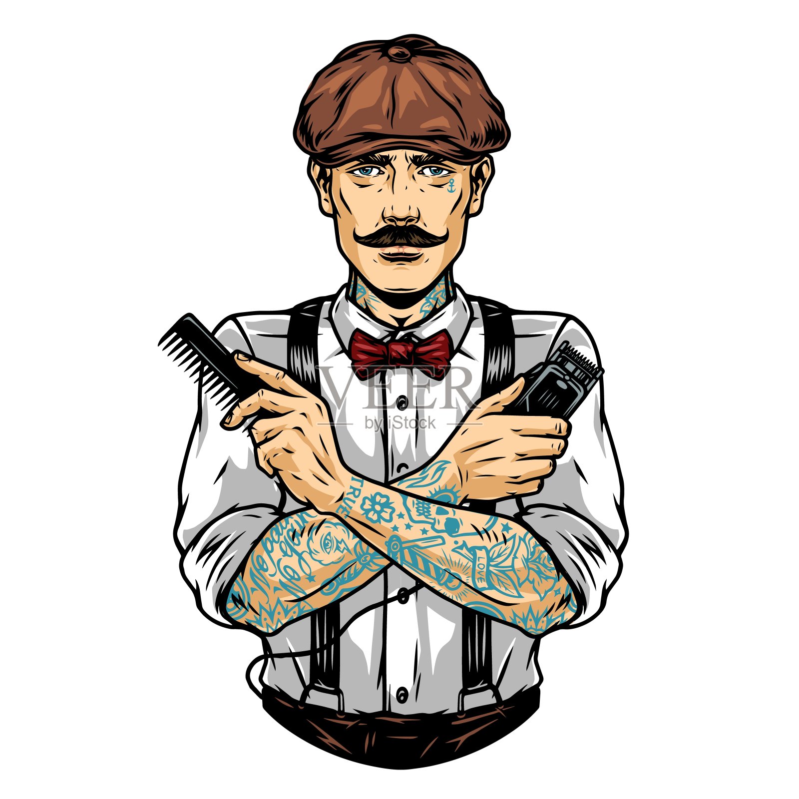 复古概念的时尚纹身理发师插画图片素材