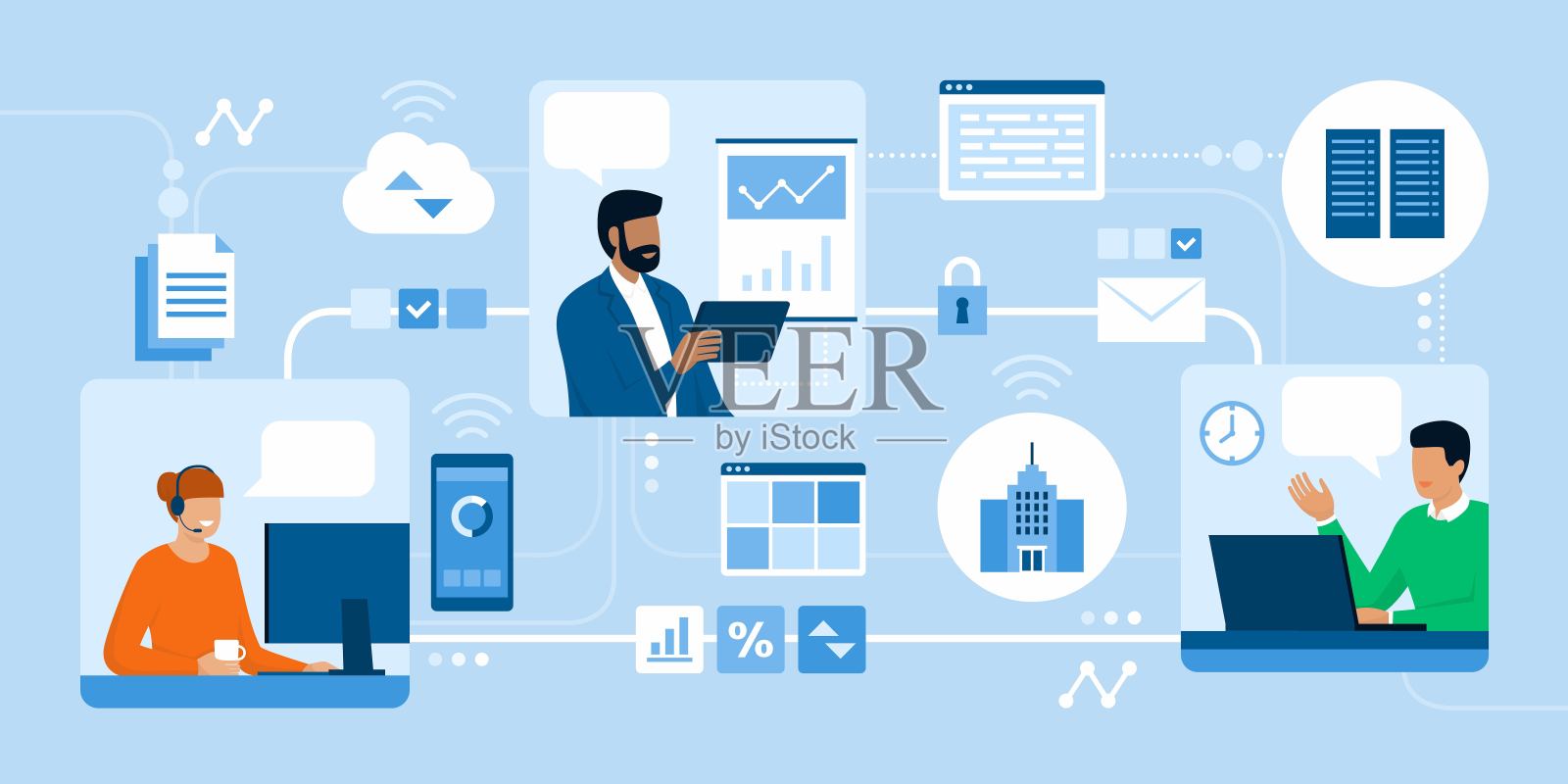 商务人士在网上一起工作插画图片素材