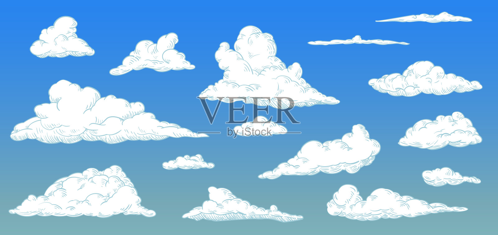 卡通云在一天的天空在复古复古风格。矢量插图。插画图片素材