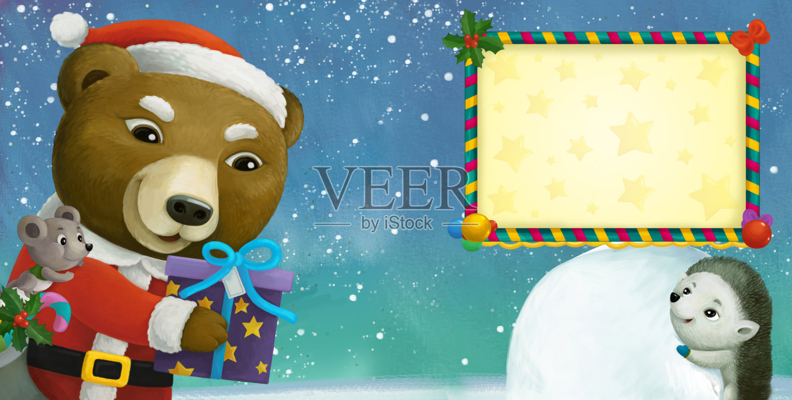 卡通的冬天场景与动物在雪地上有有趣的插图插画图片素材