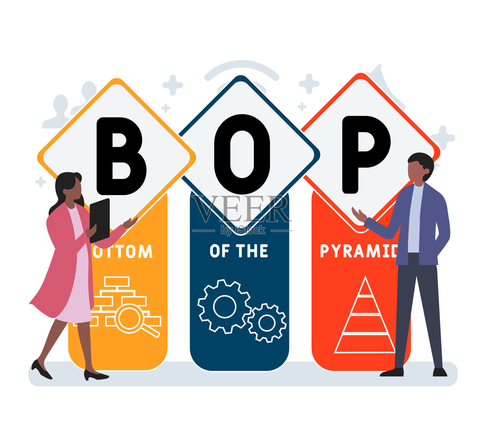 以人为本的平面设计。BOP -金字塔底首字母缩写，企业概念背景。插画图片素材