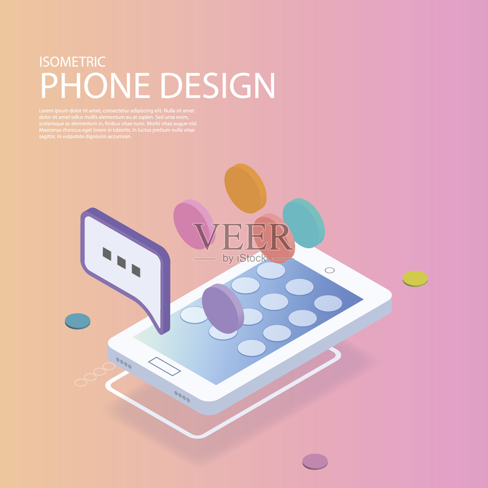 等距设计。粉红色背景的彩色显示屏智能手机。等距插图。现代设计。股票插图插画图片素材