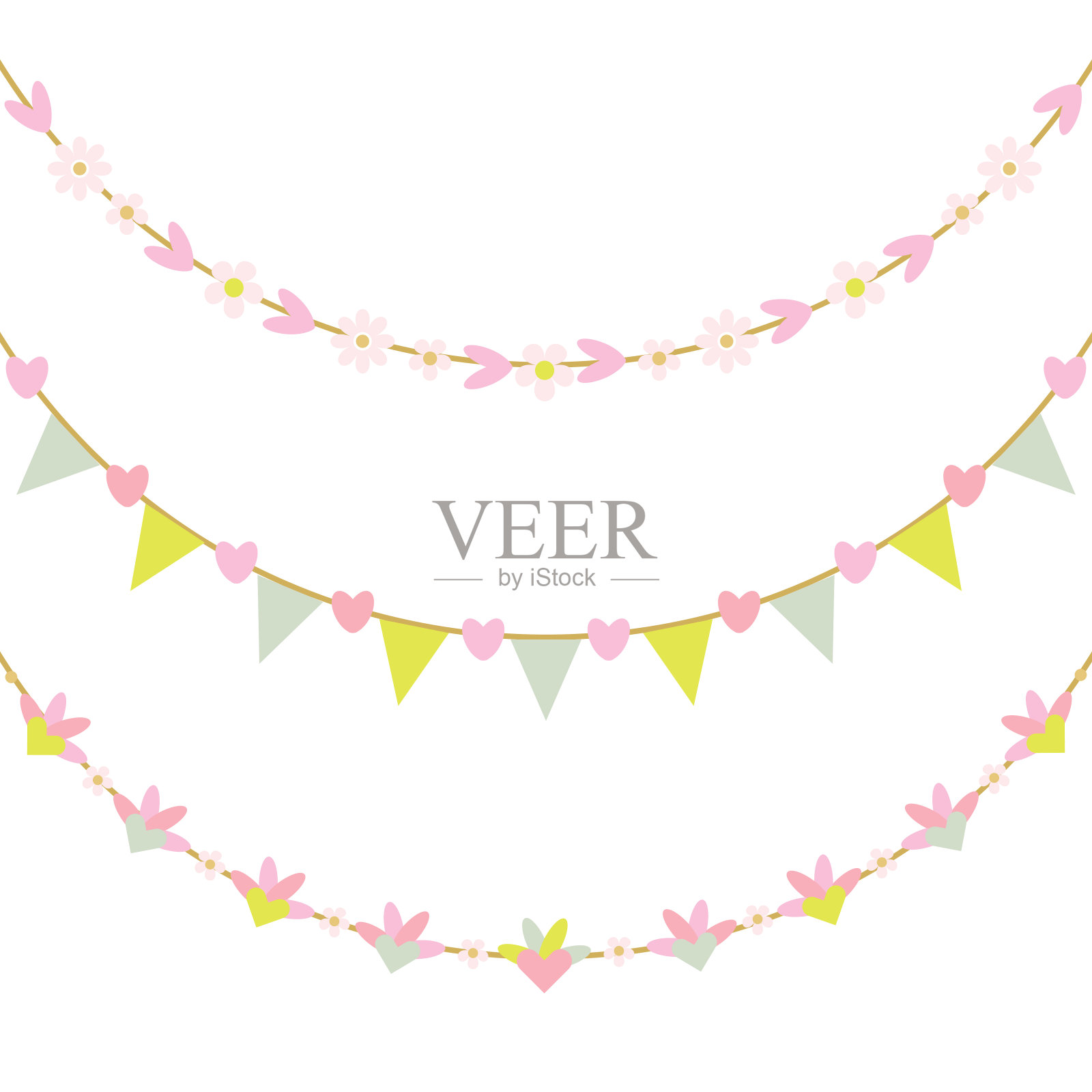 可爱的春天粉色柔和的颜色心和花悬挂装饰横幅设置在白色的背景插画图片素材