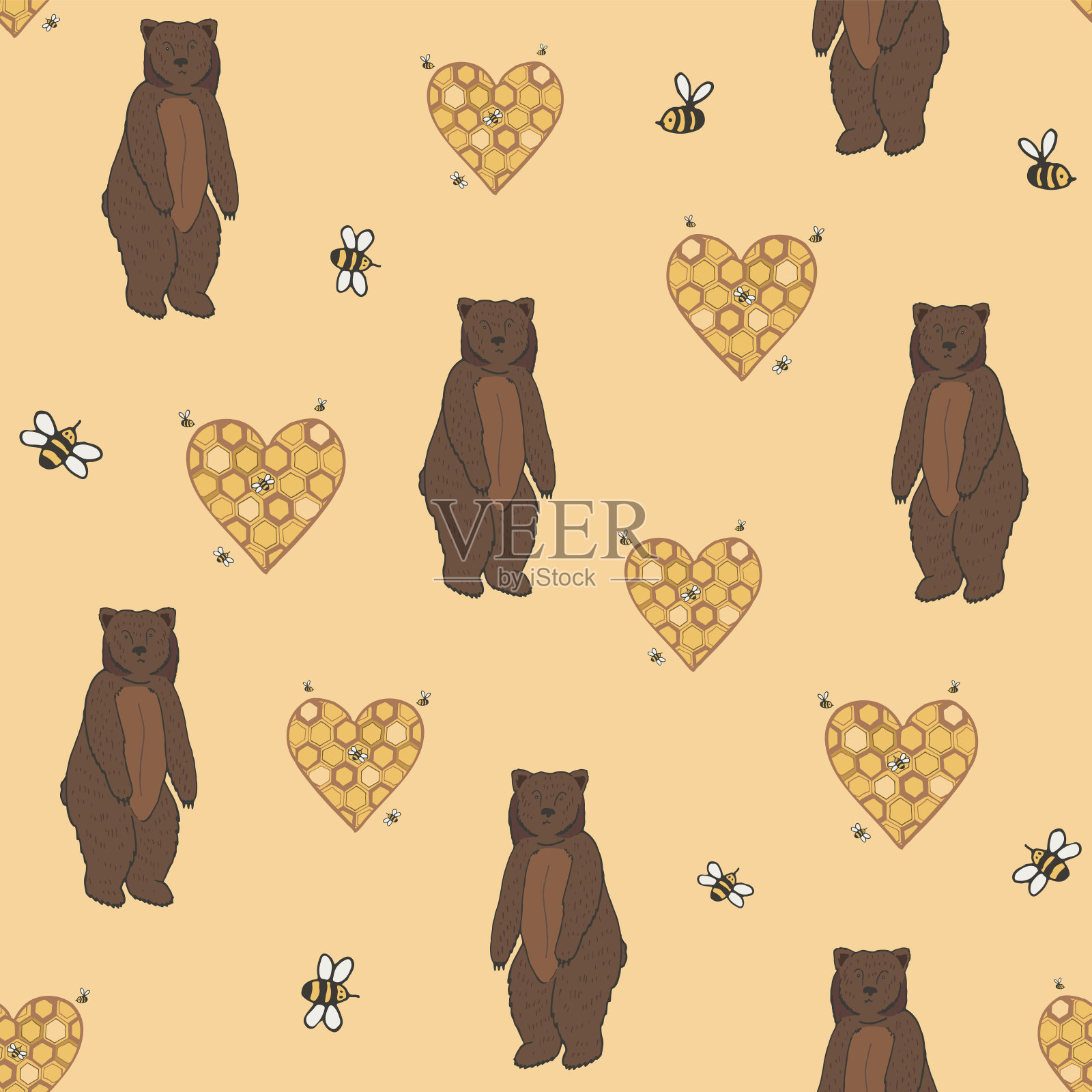 野生熊类动物心脏和蜂窝矢量无缝图案插画图片素材