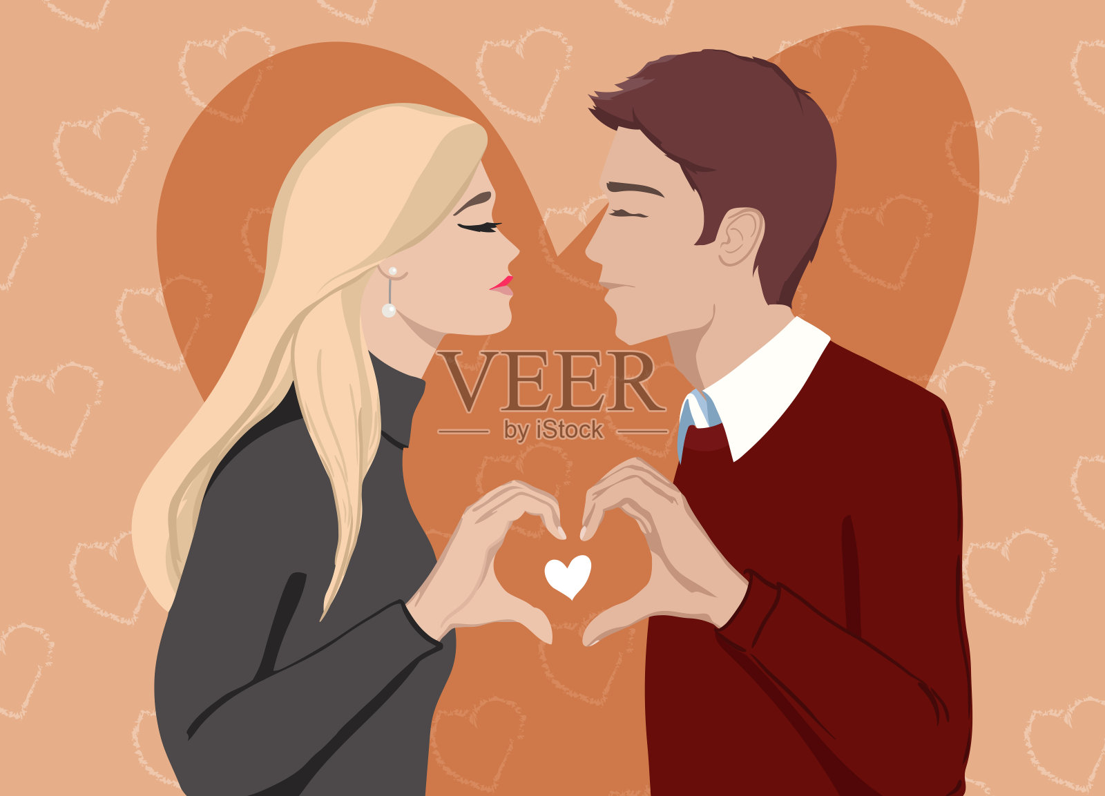 一个恋爱中的男人和一个女人接吻并把他们的手合拢成一个心的形状。平面设计矢量插图。插画图片素材