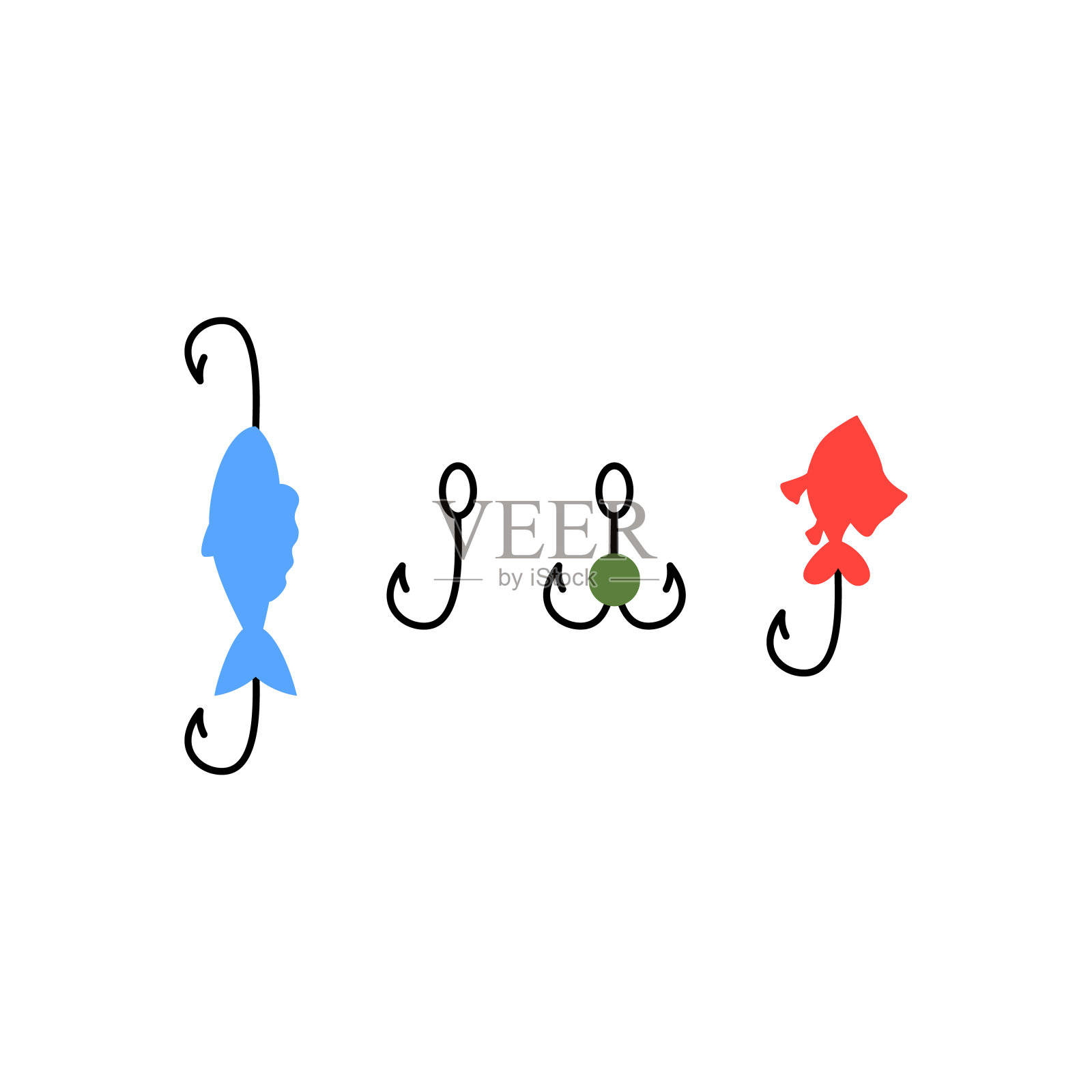 钢鱼钩设置在各种形状，平面孤立矢量插图。插画图片素材