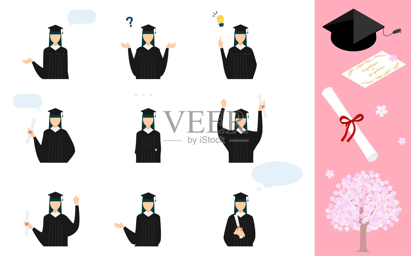 一个人在毕业典礼上穿着长袍和学位帽的姿势插画图片素材