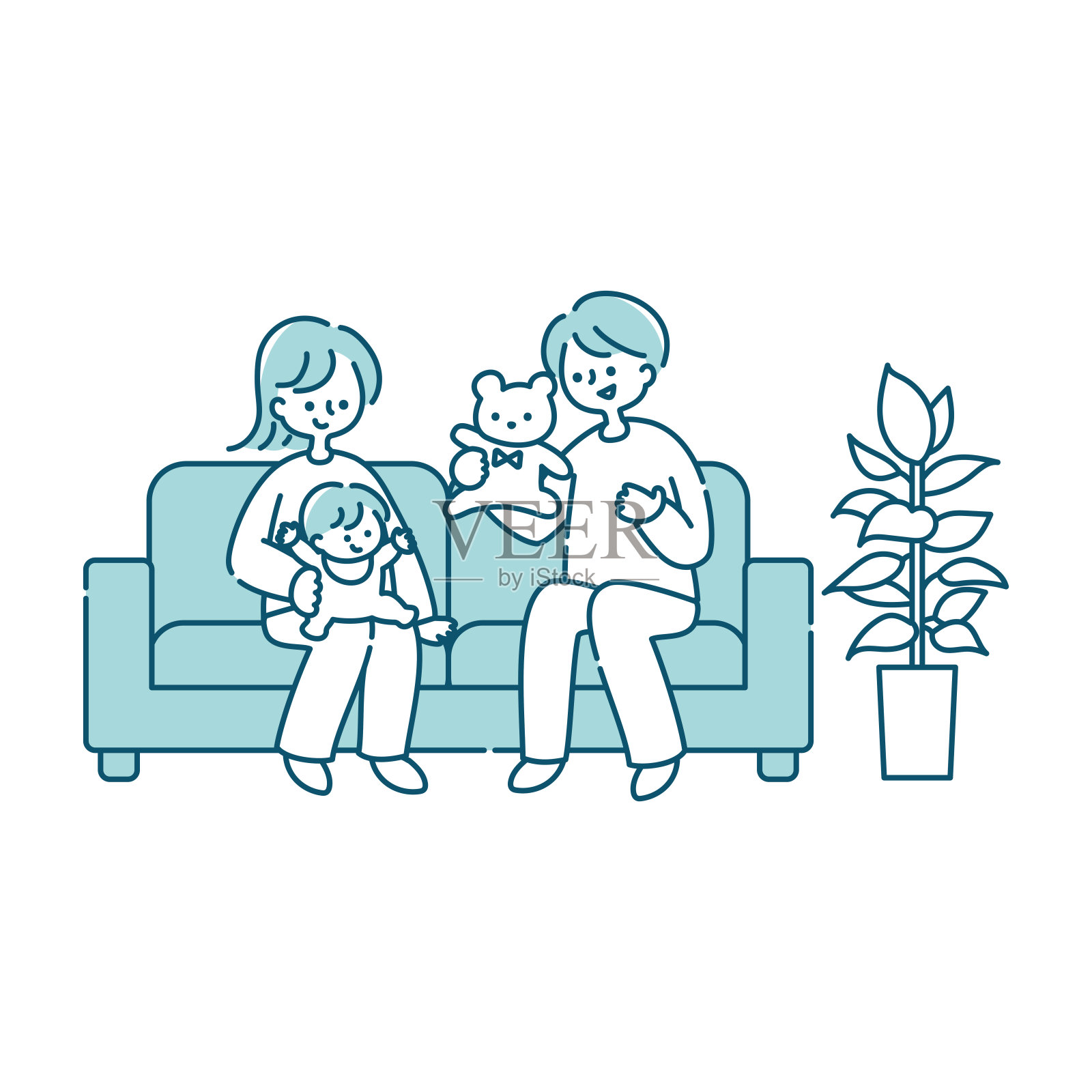 情侣在沙发上和宝宝玩耍插画图片素材