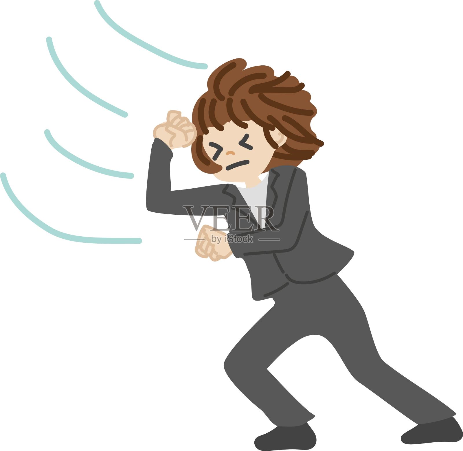 一个穿着西装的女人在强风中站立的插图插画图片素材