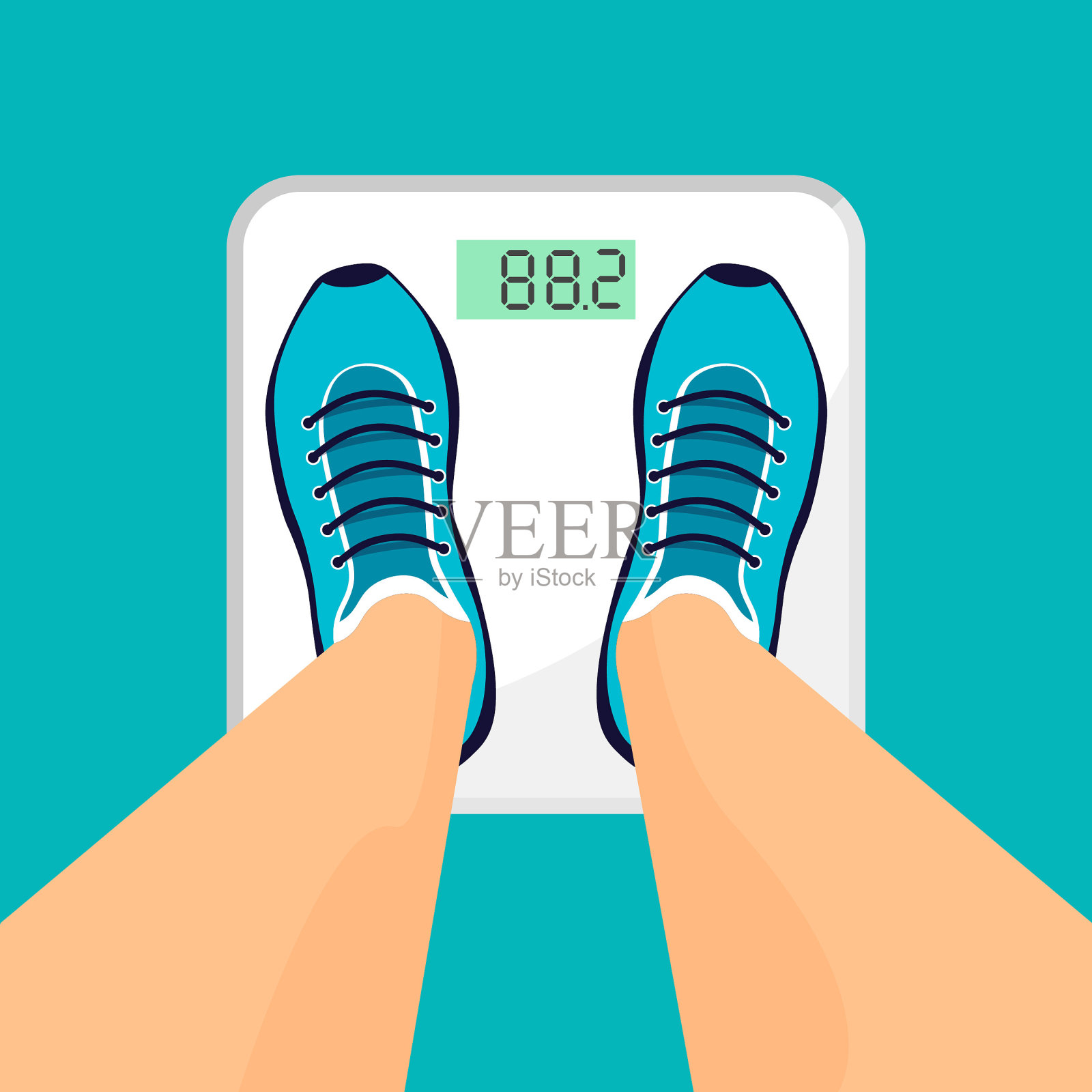 穿着运动鞋的男人或女人站在地秤上。插画图片素材