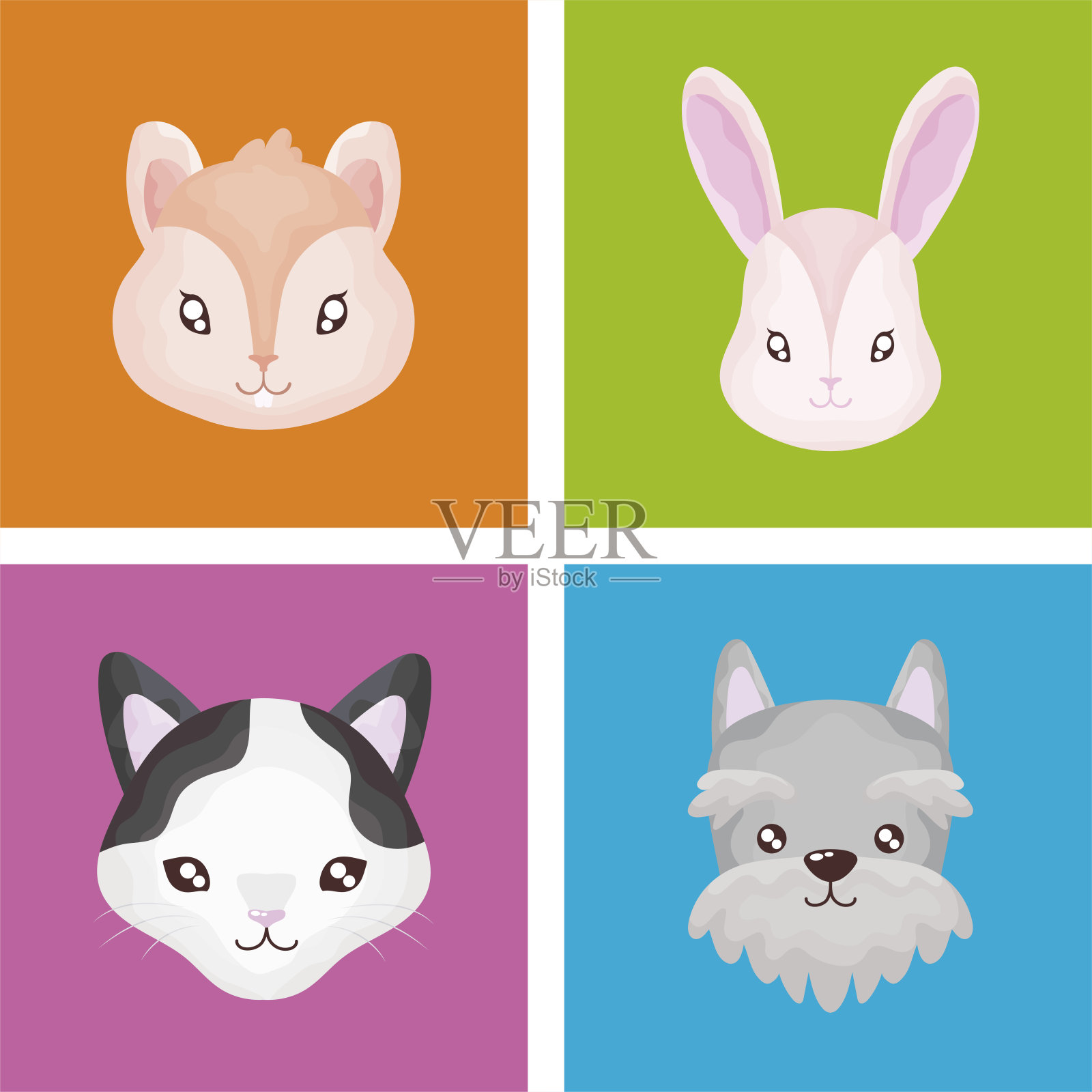 宠物设置图标，猫狗兔仓鼠颜色的背景插画图片素材