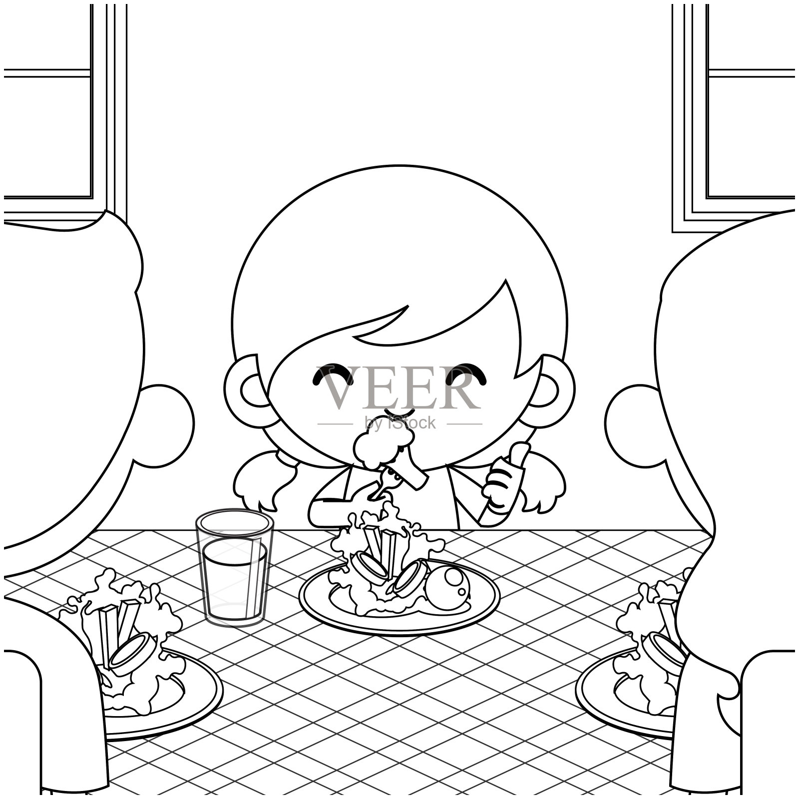 儿童涂色书。卡通可爱的小女孩喜欢吃蔬菜，父母很欣赏她插画图片素材