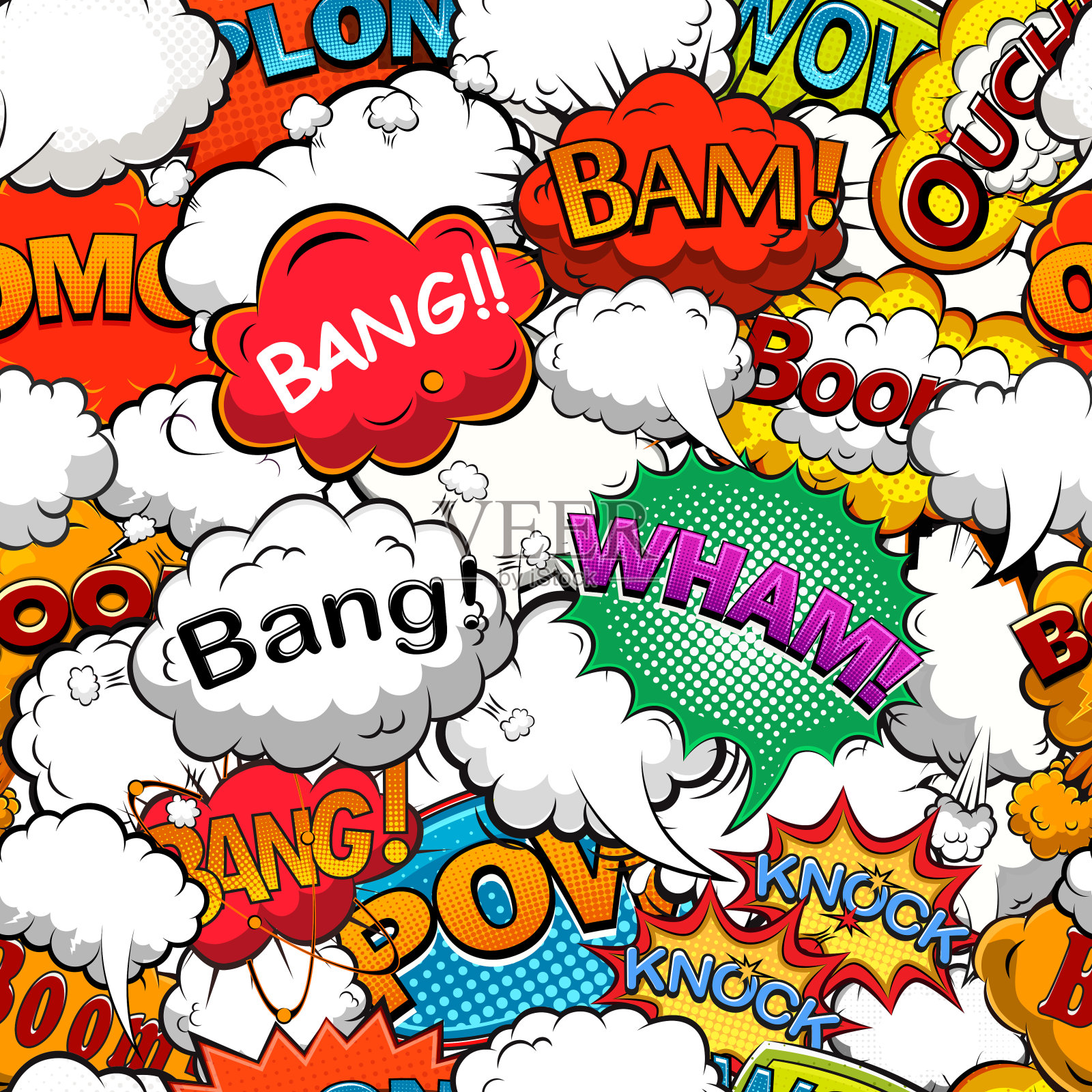 彩色漫画无缝背景模式与明亮的语音气泡矢量插图插画图片素材