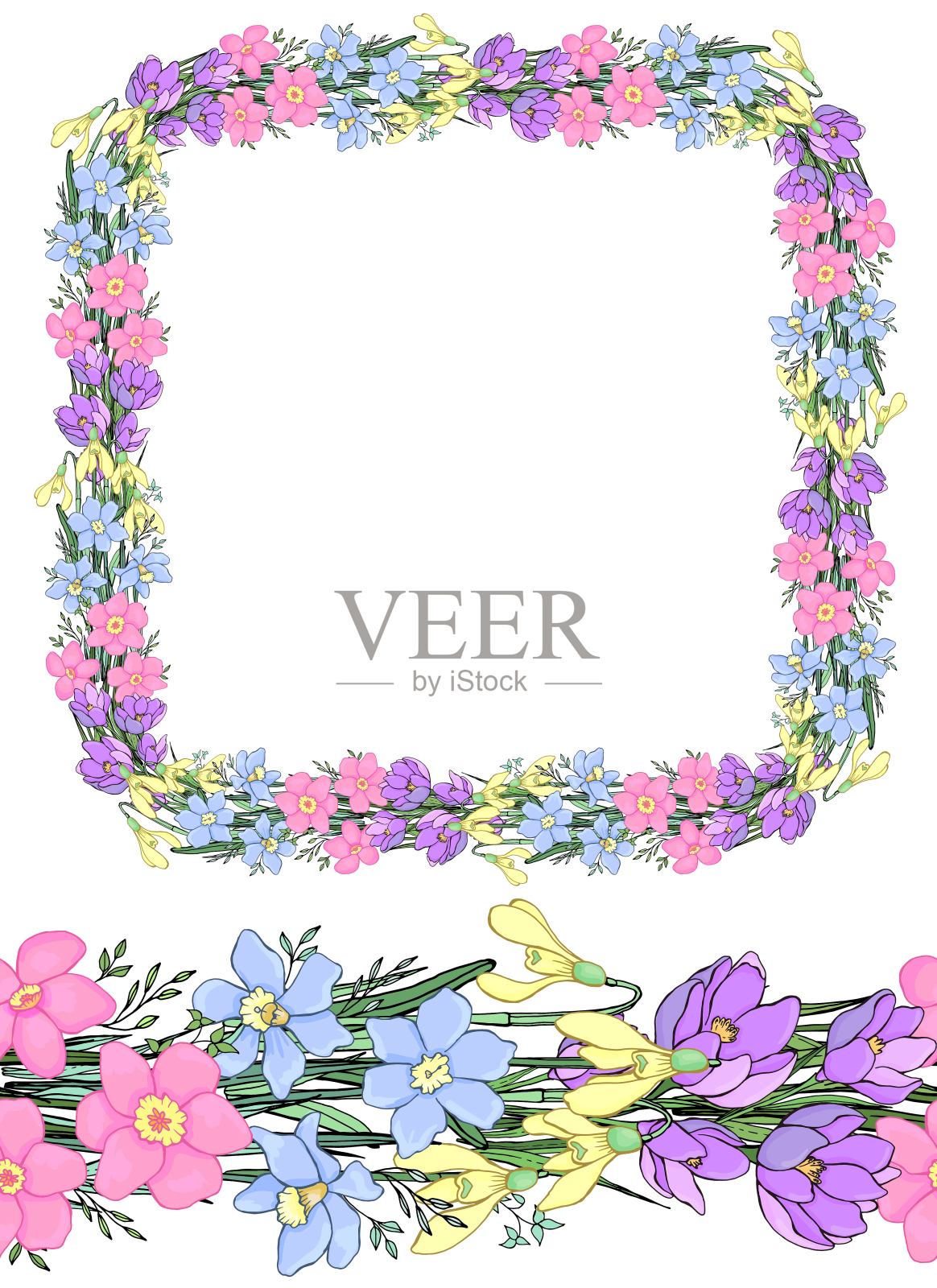 框架和无缝边界的野花。用于设计的装饰孤立元素。插画图片素材