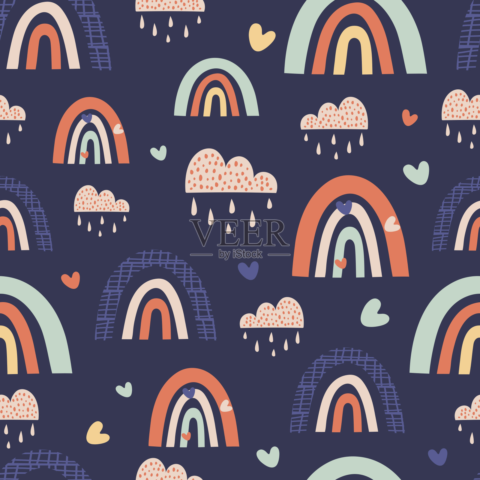 多色抽象彩虹与云在深蓝色的背景，矢量无缝模式插画图片素材