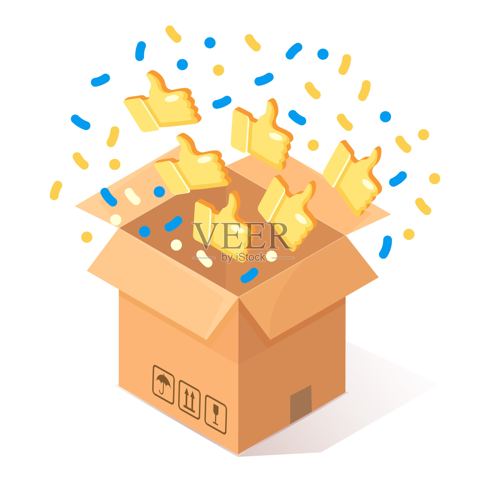 打开纸板，纸板箱与大拇指向上孤立在背景上。3d等距包装、礼品、五彩纸屑惊喜。客户评价，反馈，客户评论的概念。矢量动画设计插画图片素材