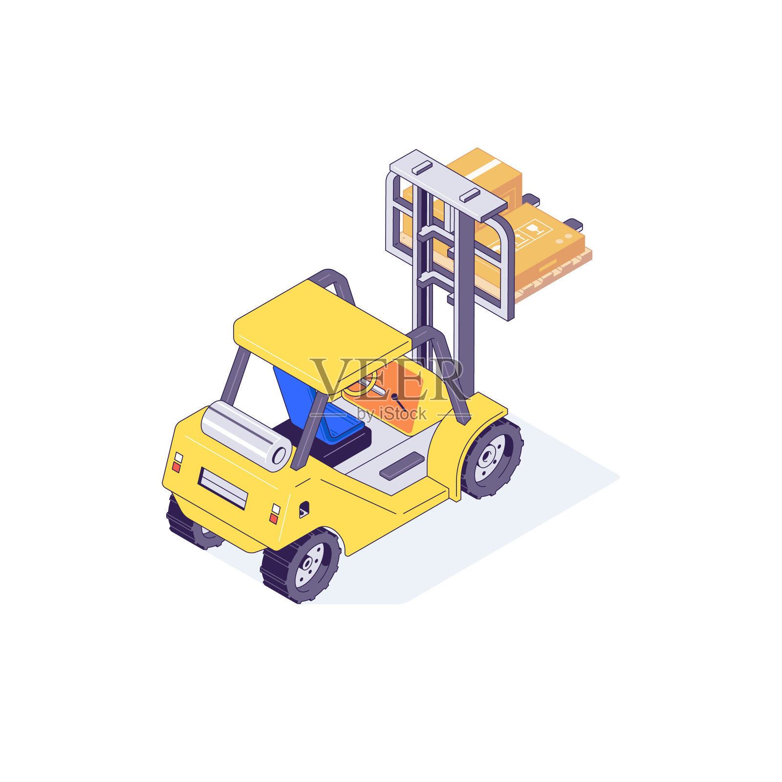 等距仓库叉车，托盘箱和装载机。卡车配送与运输行业矢量图插画图片素材