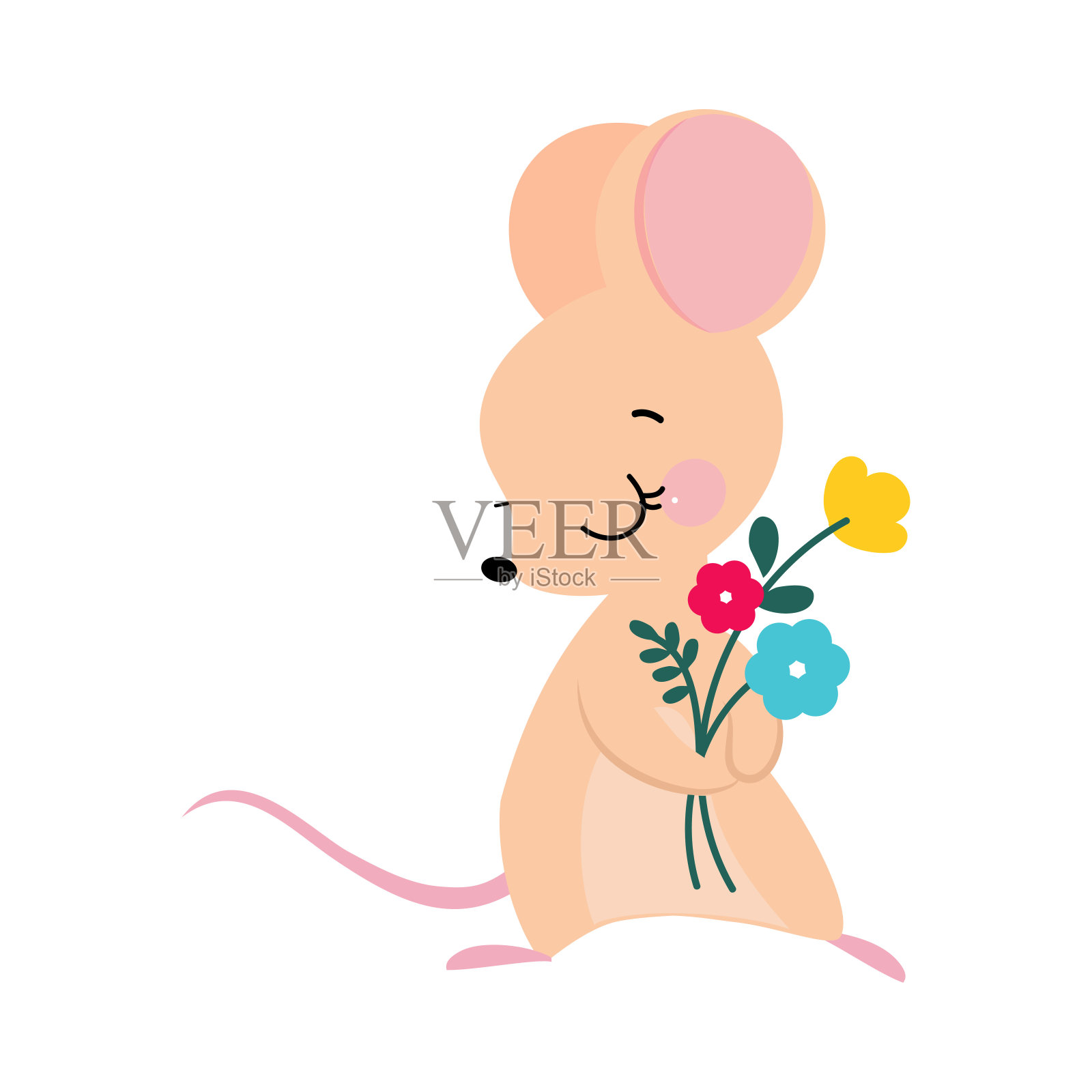 滑稽的老鼠与尖鼻子和圆形的耳朵持有一束花矢量插图插画图片素材