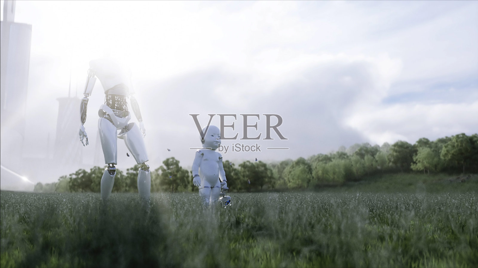 机器人妈妈和她的机器人宝宝在未来城市的背景草地上。未来的家庭。Robofamily。3 d渲染。照片摄影图片