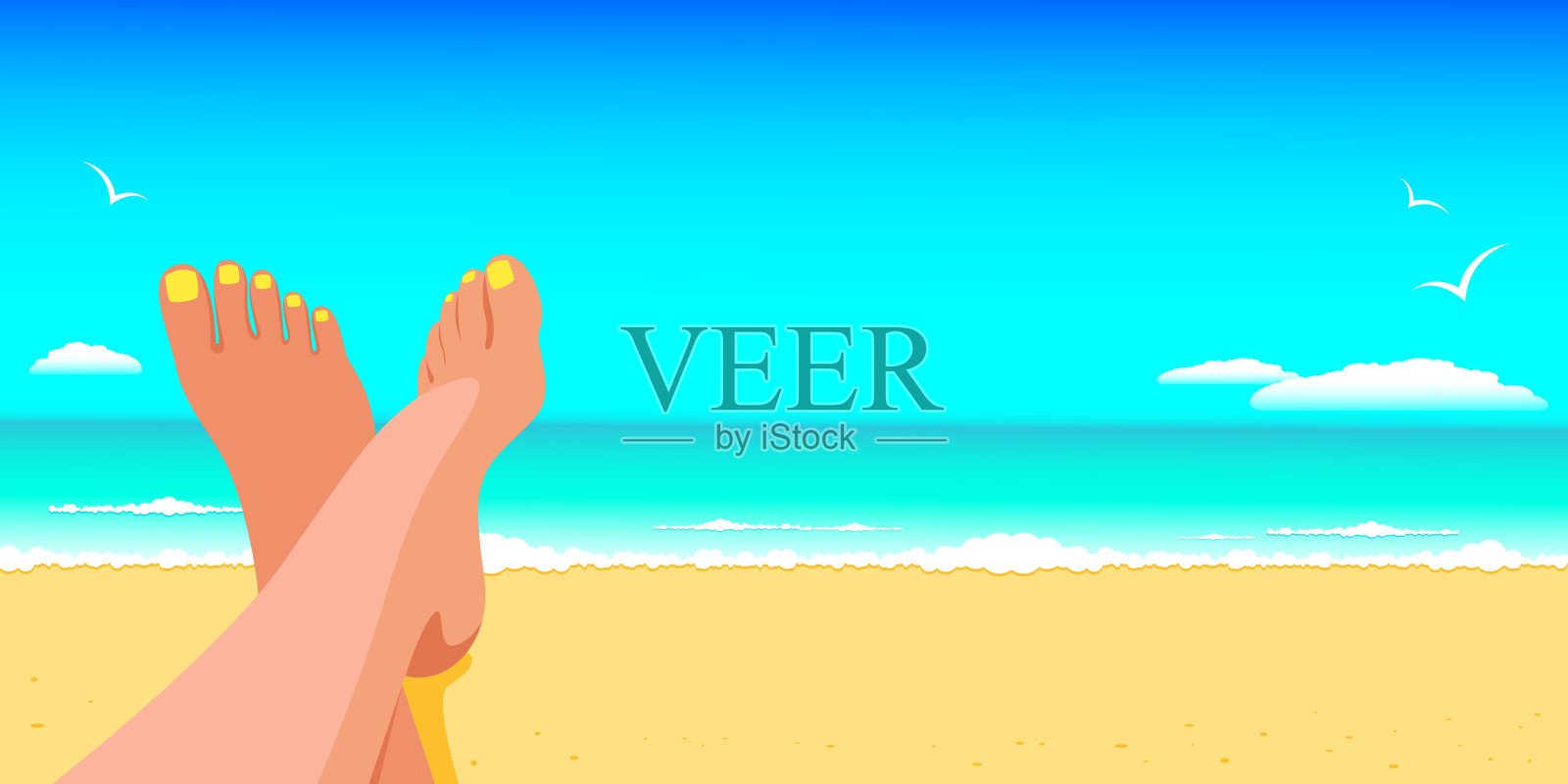 女人躺在海边的沙滩上插画图片素材