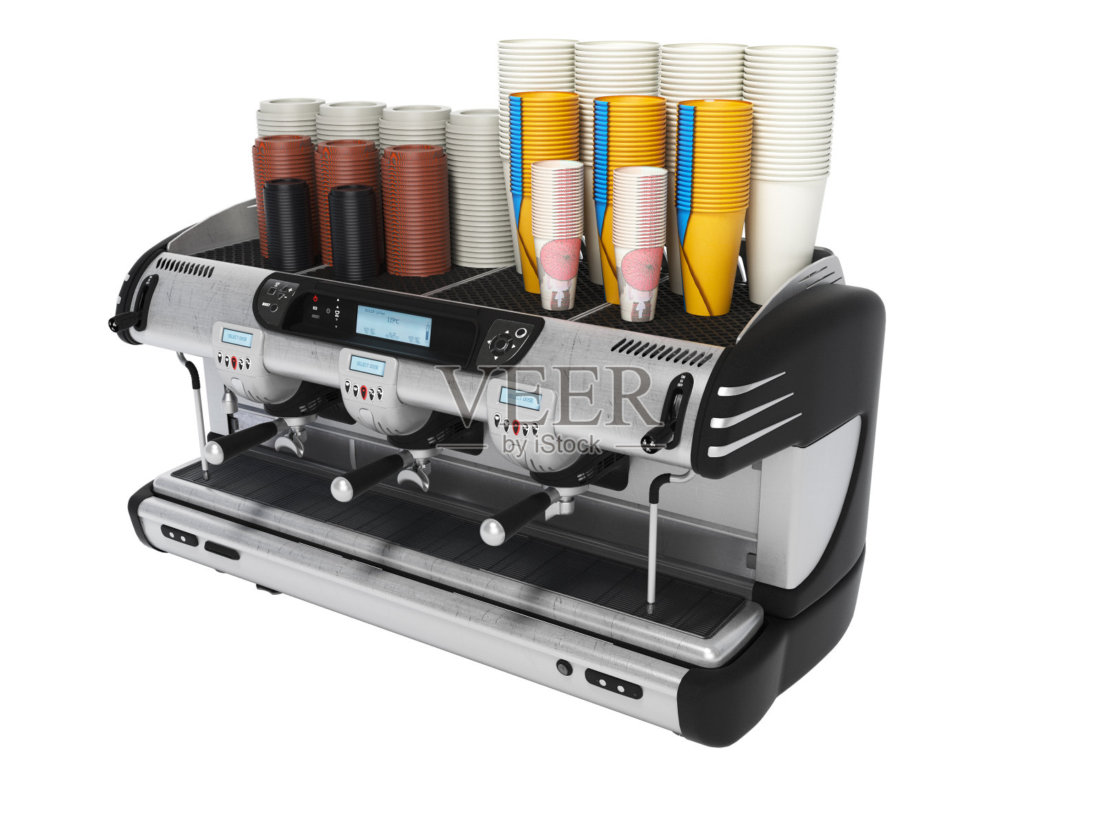 3D渲染概念的销售咖啡用专业的咖啡机在三个角上孤立在白色的背景上没有阴影照片摄影图片