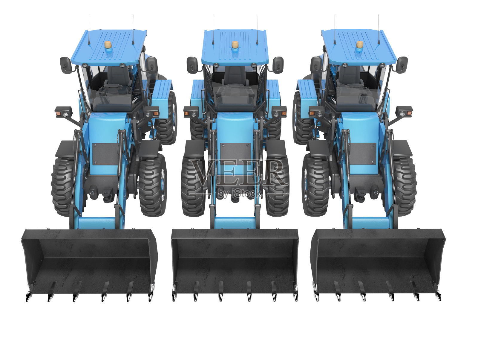一组大型道路正面装载机用于道路工程的3D渲染，在白色背景上没有阴影照片摄影图片