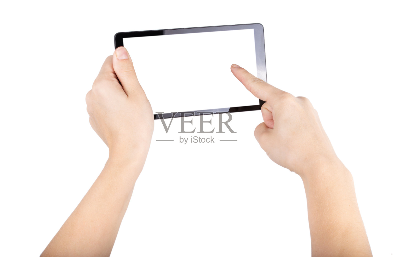 手握和点在数字平板孤立在白色背景照片摄影图片