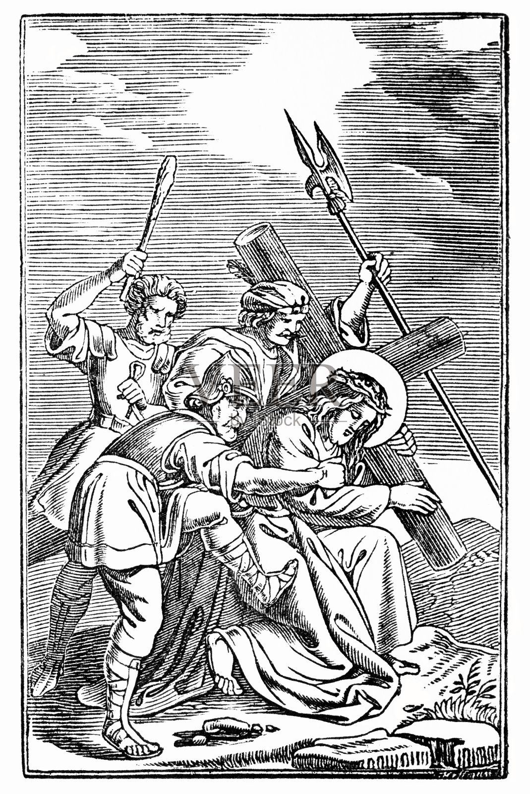 耶稣与十字架第七处的老式宗教圣经绘画插画图片素材