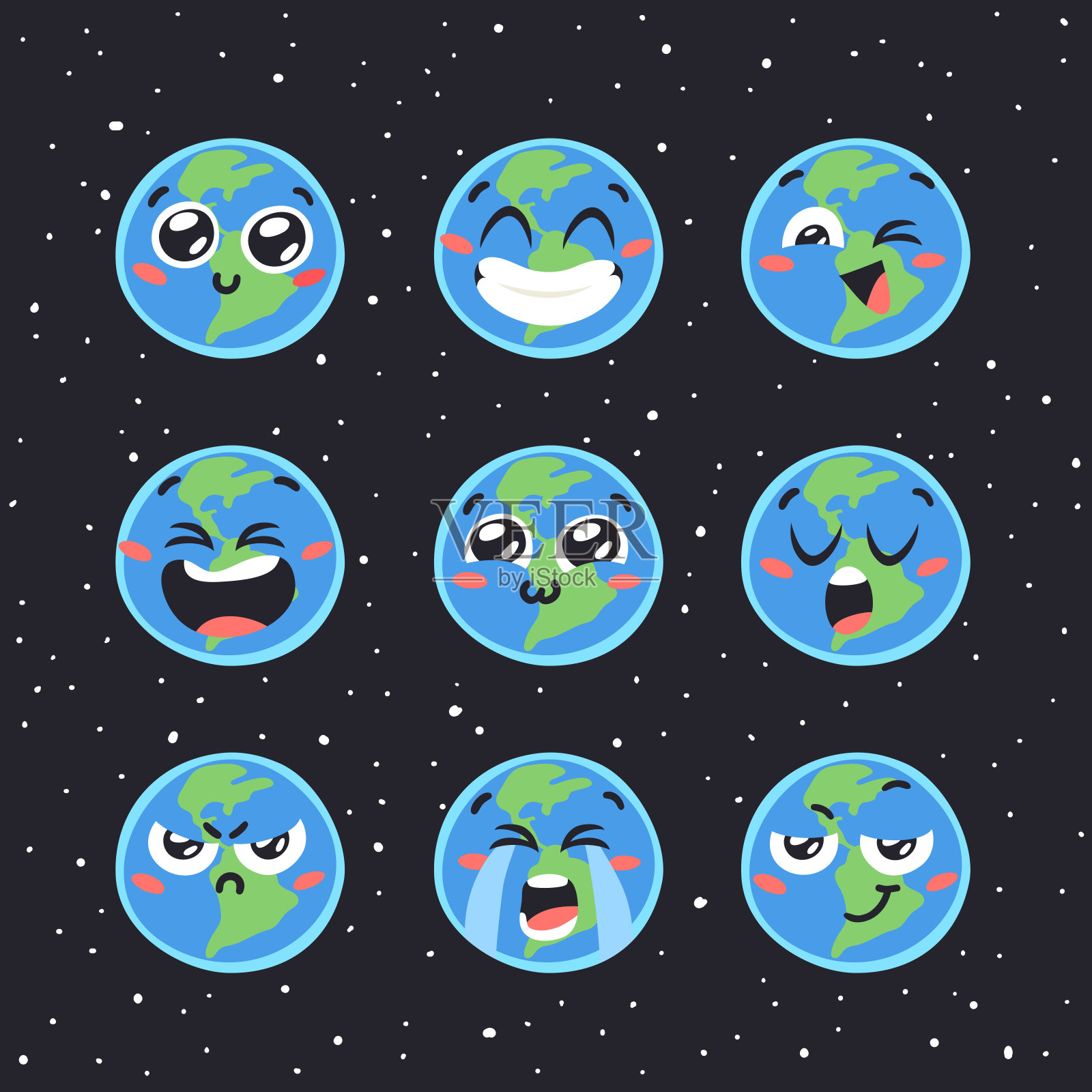 一套手绘表情符号幼稚插图我们的家在宇宙。矢量绘制行星地球在太空。卡通太阳系对象表情插画图片素材