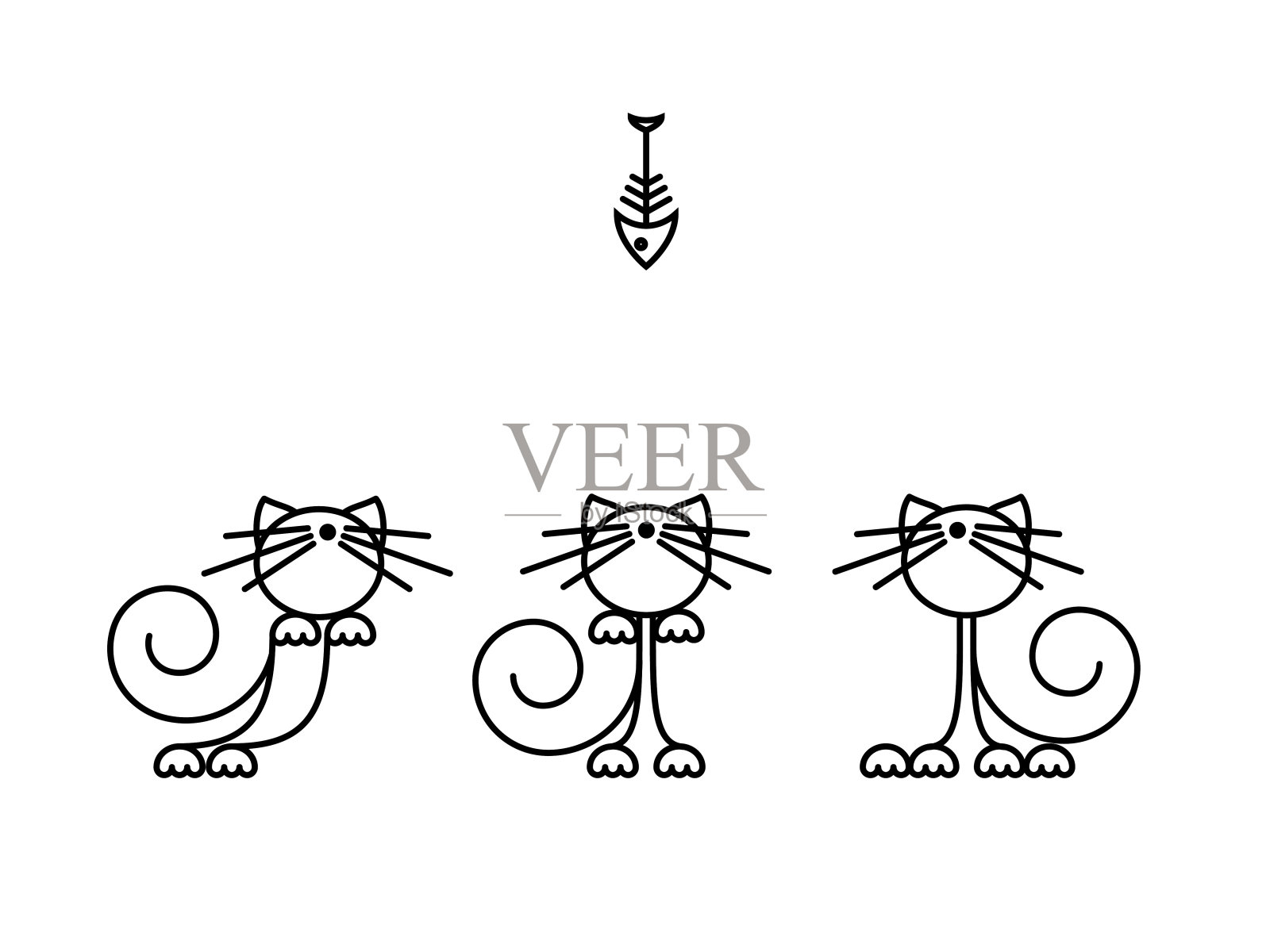 猫打印。有趣的小猫玩鱼。极简主义艺术。插画图片素材