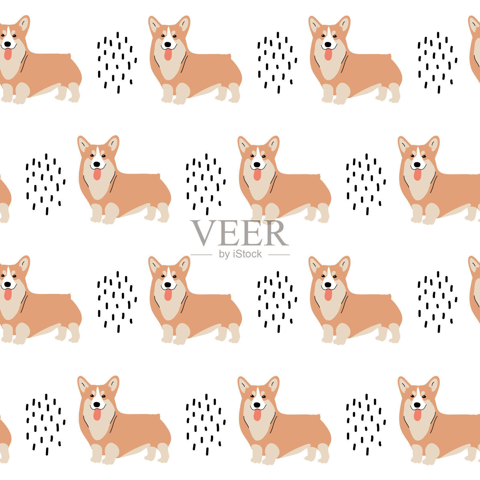 向量无缝模式与柯基和抽象的白色背景。可爱的狗织物插图，纺织品，背景，壁纸插画图片素材