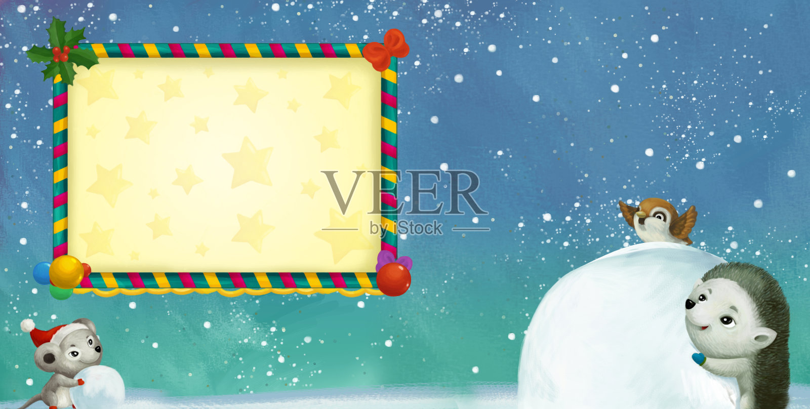 卡通快乐的冬天场景与动物在雪地上有有趣的插图插画图片素材