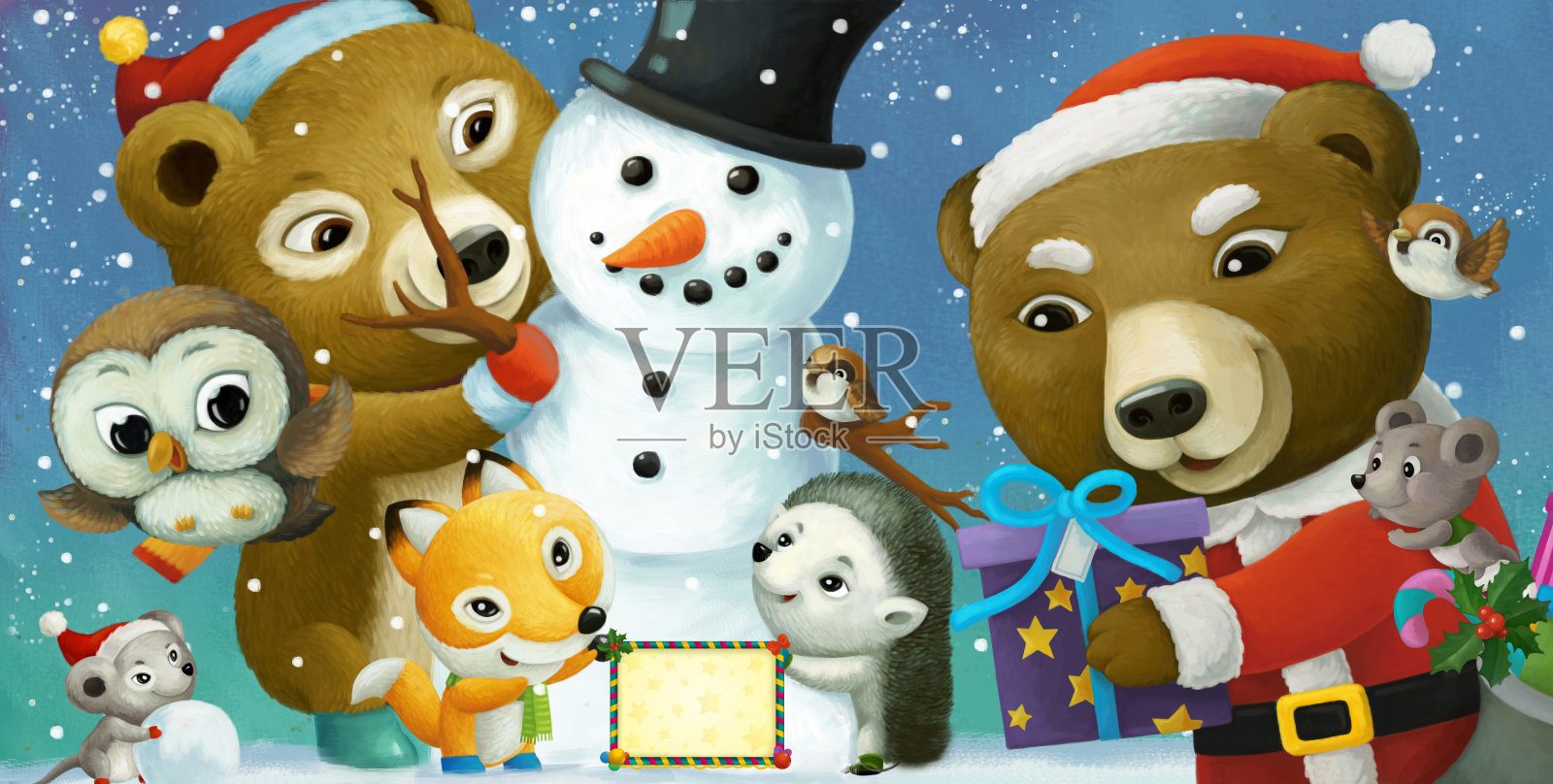 卡通快乐的圣诞场景与框架与快乐的动物和雪人插图插画图片素材