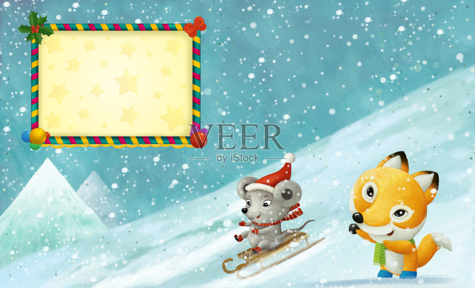 卡通快乐的冬天场景与动物在雪地上有有趣的插图插画图片素材