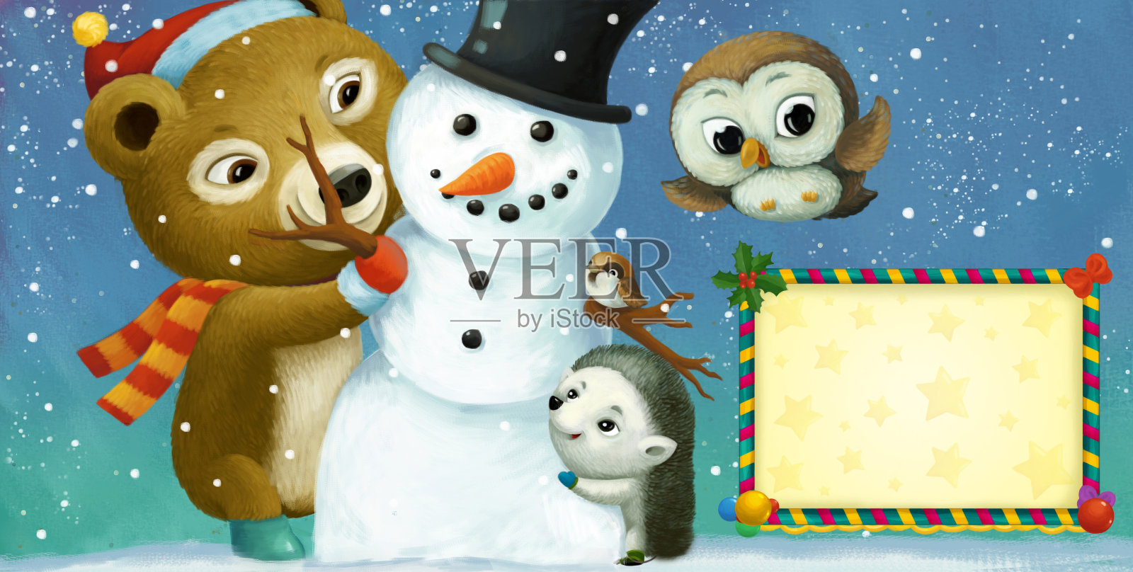 卡通快乐的圣诞场景与框架与快乐的动物和雪人插图插画图片素材
