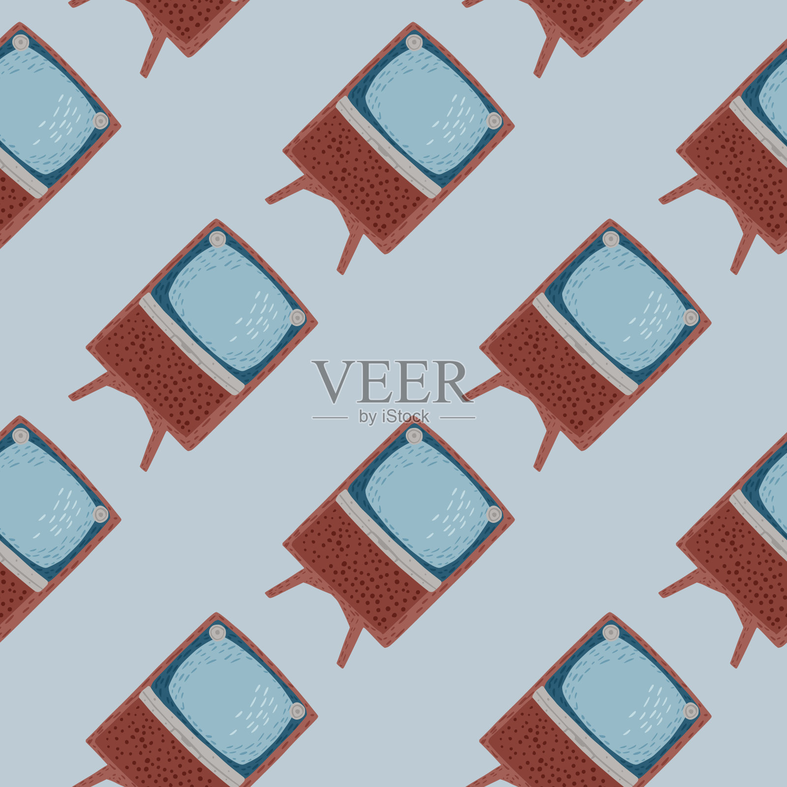 简单的涂鸦无缝图案与棕色老式电视印刷。蓝色背景。插画图片素材