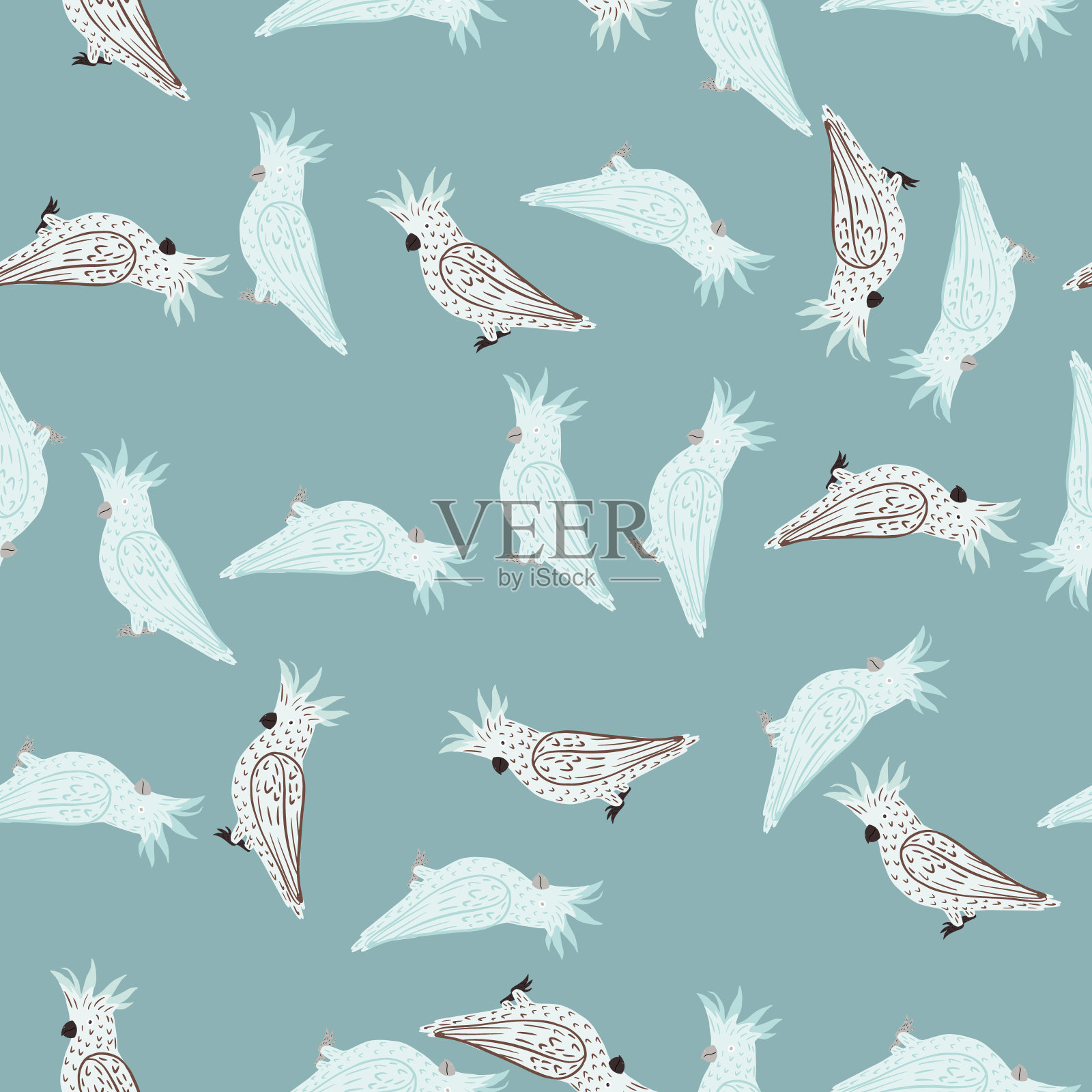 无缝的热带图案与灰色和浅蓝色鹦鹉的剪影。卡通的孩子打印。插画图片素材