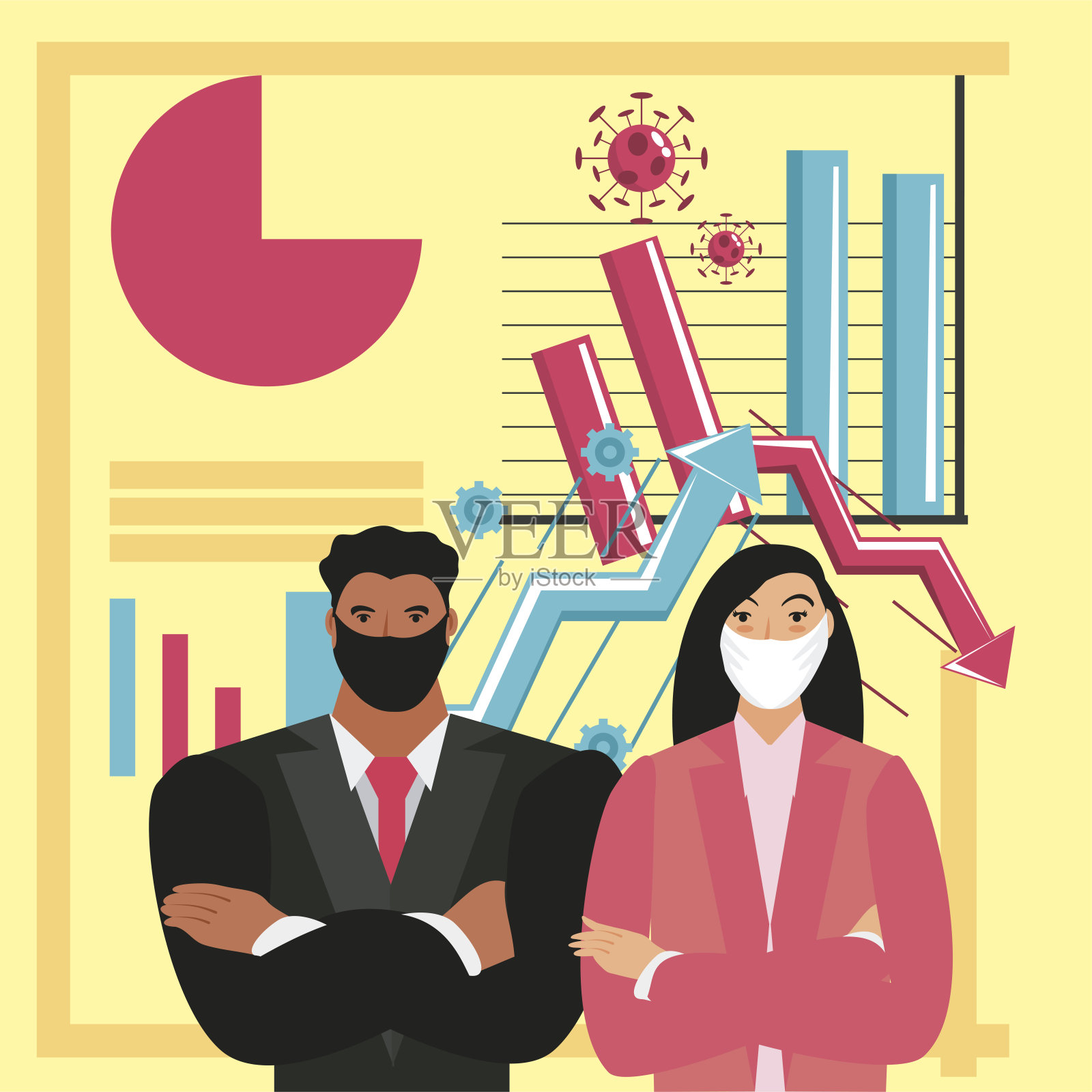 商务人士戴口罩，经济危机增长插画图片素材