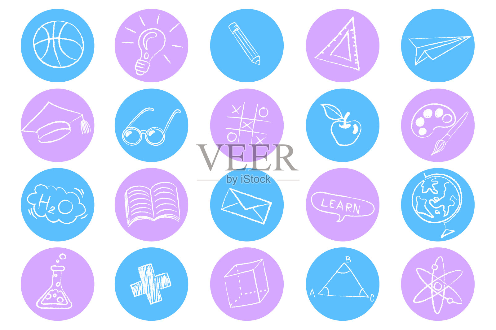 一套现代扁平圆形图标。向量科学，学校和教育图标设置学生学习。图标素材