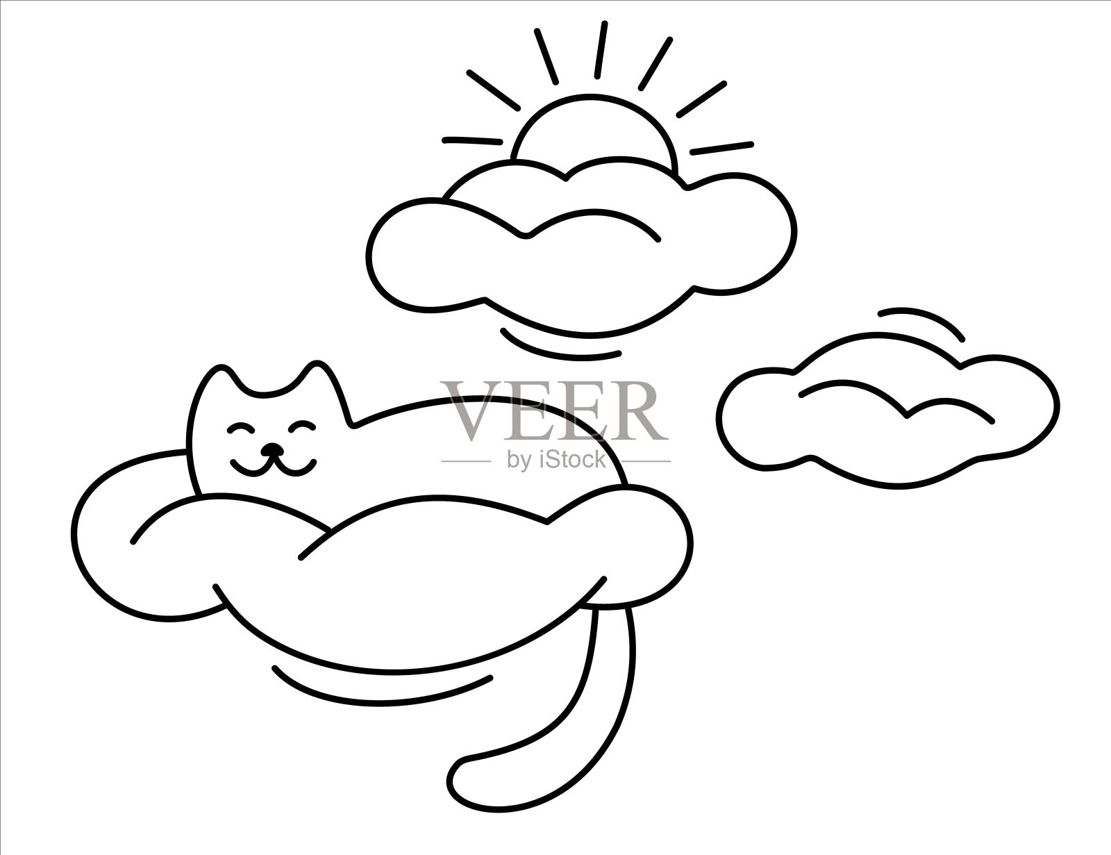 可爱的猫睡在云枕头上，背靠太阳和云的背景。卡通小猫睡着了，在天上做梦。在白色背景上孤立的黑色轮廓。矢量图像在涂鸦风格。插画图片素材