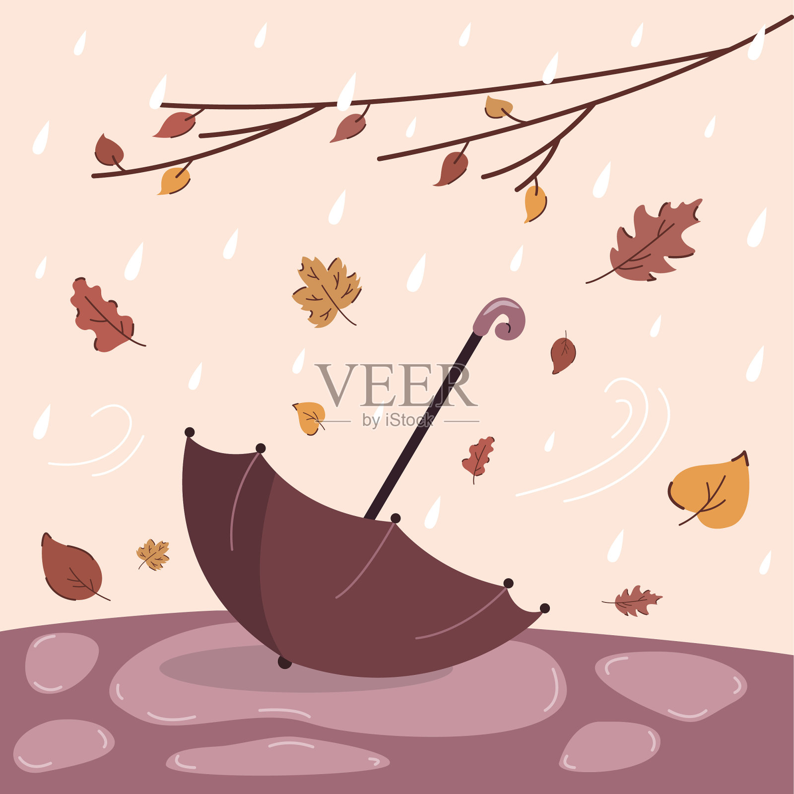 秋天下雨的天气带着伞在水坑里不同的落叶。插画图片素材