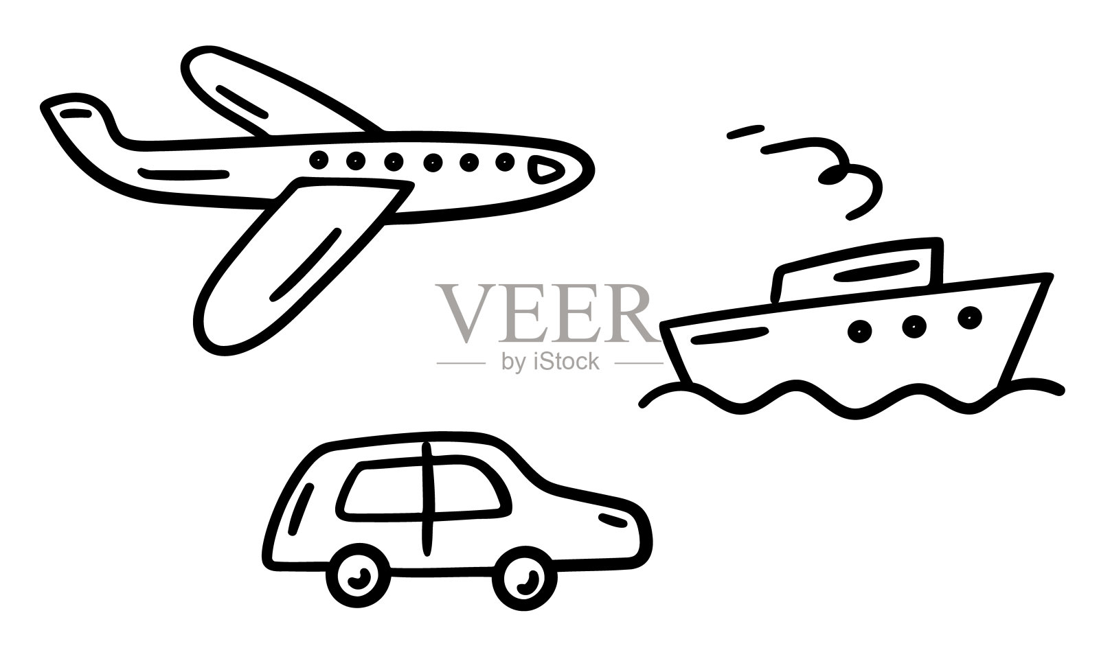 手绘运输设置在涂鸦风格。卡通汽车，飞机，轮船。涂鸦机logo图标符号。在白色背景上孤立的黑色轮廓。矢量插图。插画图片素材