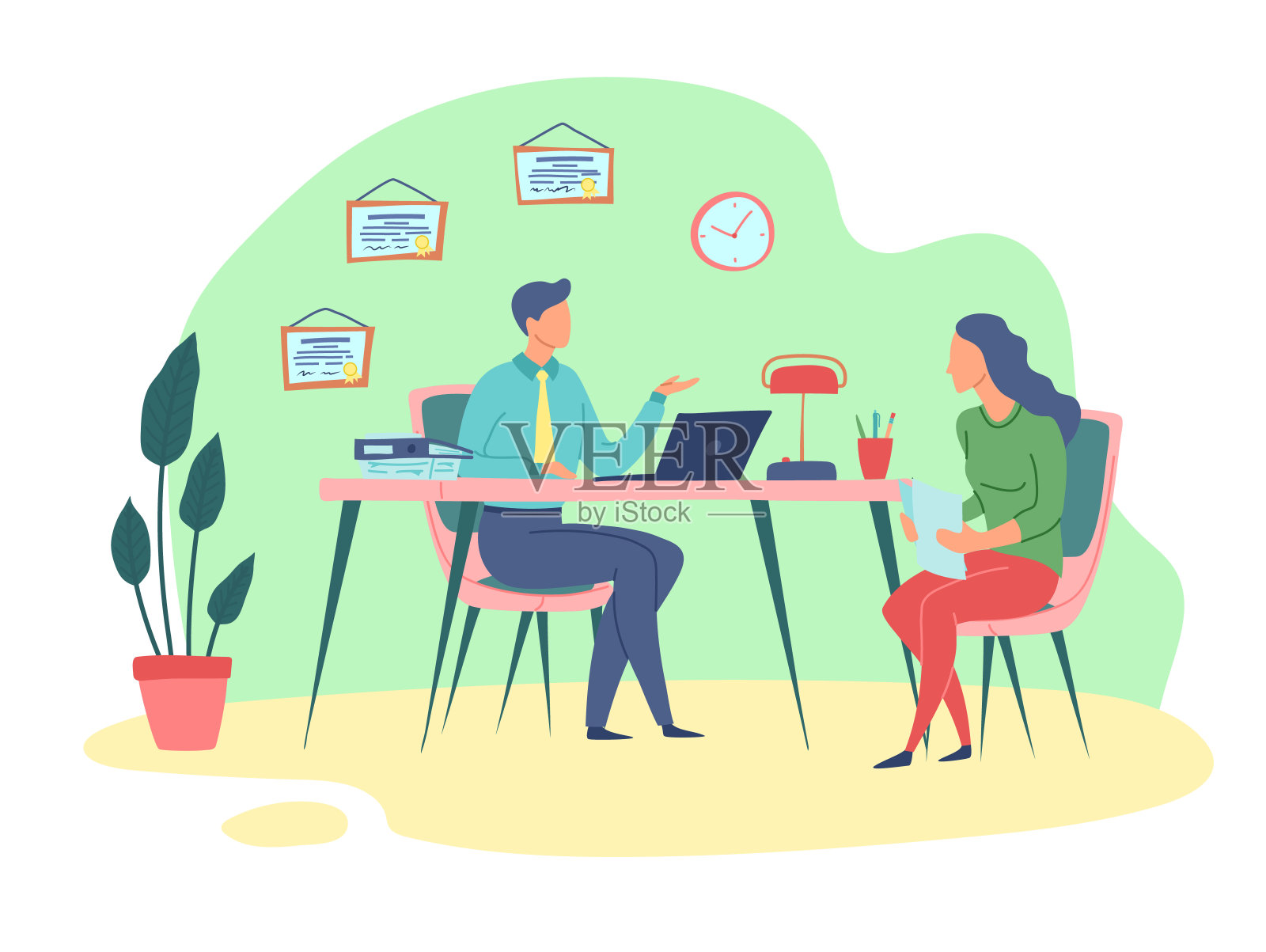 卡通色彩人物人物和律师客户概念。向量插画图片素材