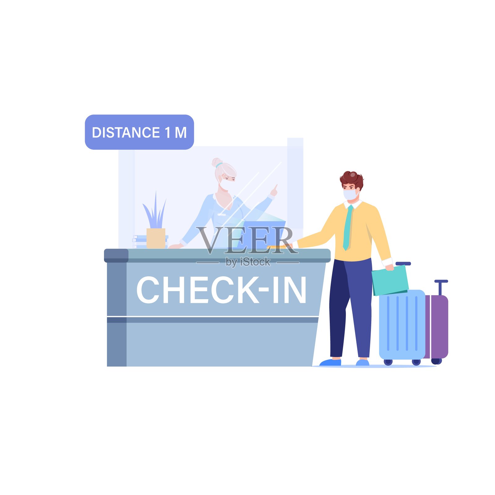 平面卡通机场员工角色，冠状病毒防护，社会距离矢量插图概念插画图片素材