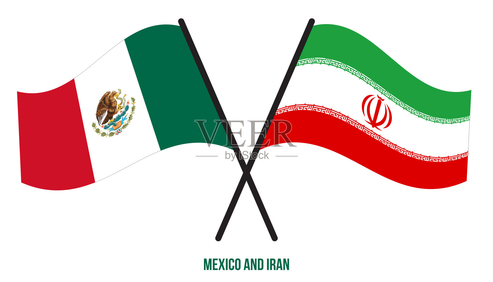 墨西哥和伊朗旗帜交叉和挥舞平风格。官方的比例。正确的颜色。插画图片素材